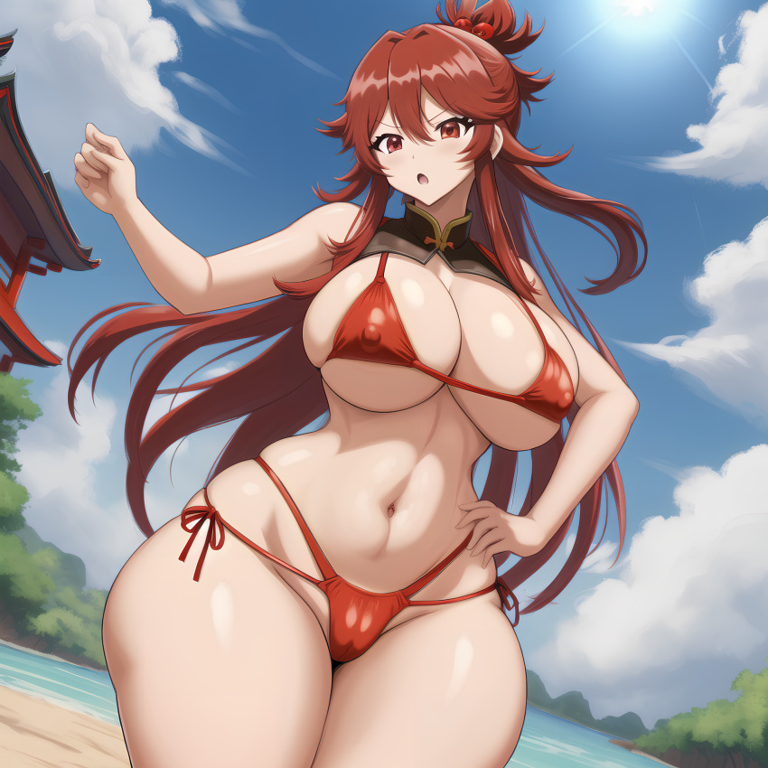 abs ai_generated angry angry_face beach bikini bluecatrip erect_nipples fit fit_female hand_on_hip hands_on_hips island long_hair looking_at_viewer nipples open_mouth red_eyes red_hair ribbon ribbons sand sea seaside stable_diffusion sun sunny swimsuit swimwear thick_thighs thong tied_hair wide_hips