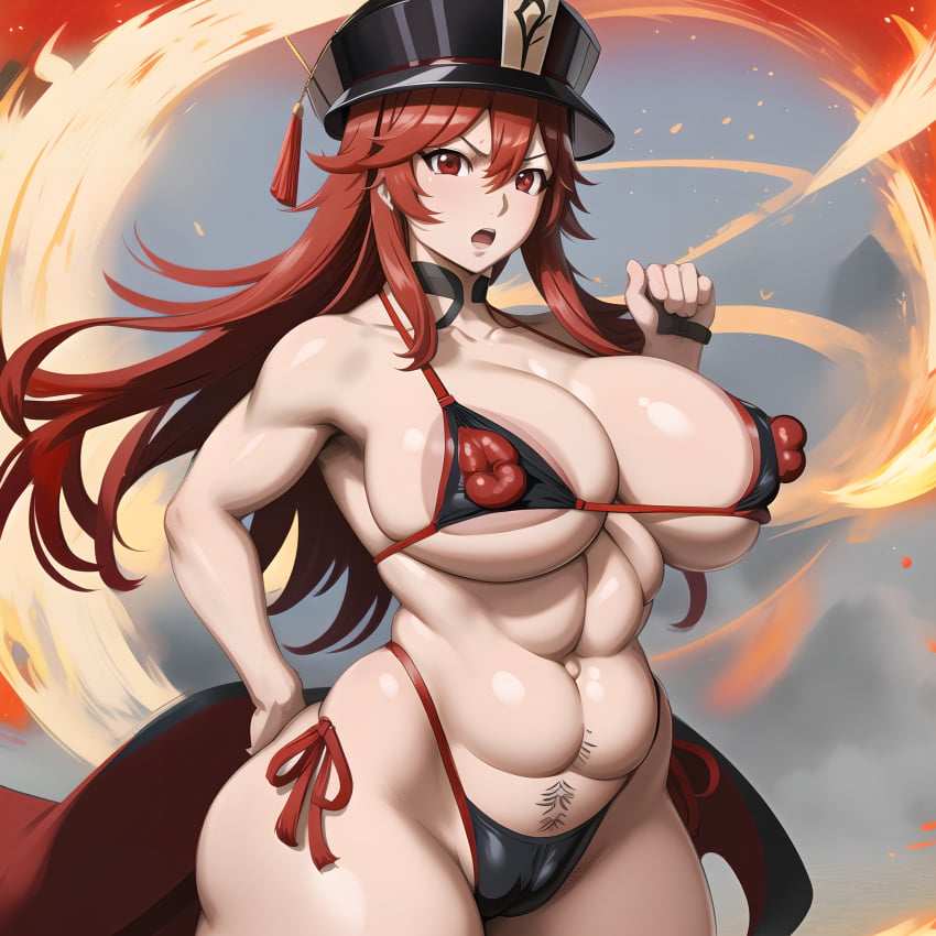 abs ai_generated angry angry_expression angry_eyes angry_face areolae armpit_hair armpits big_breasts bikini black_bikini black_hat black_swimsuit black_thong bluecatrip chubby genshin_impact gigantic_breasts hand_on_hip hands_on_hips hat hoyoverse hu_tao_(genshin_impact) huge_breasts kunaboto_(style) long_hair looking_at_viewer nipple_bikini open_mouth pubic_hair puffy_nipples red_eyes red_hair ribbon ribbons stable_diffusion swimsuit thick_thighs thong wide_hips