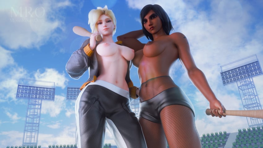 2girls 3d abs baseball_bat baseball_uniform black_hair blizzard_entertainment blonde_hair crop_top dark-skinned_female dark_skin exposed_breasts facial_tattoo fishnets hand_behind_head hand_on_another's_hip hotpants light-skinned_female light_skin looking_at_viewer mercy moonroomoom muscular_female open_jacket overwatch overwatch_2 pharah see-through see-through_clothing shorts shoulder_tattoo sportswear stadium sweater topless topless_female