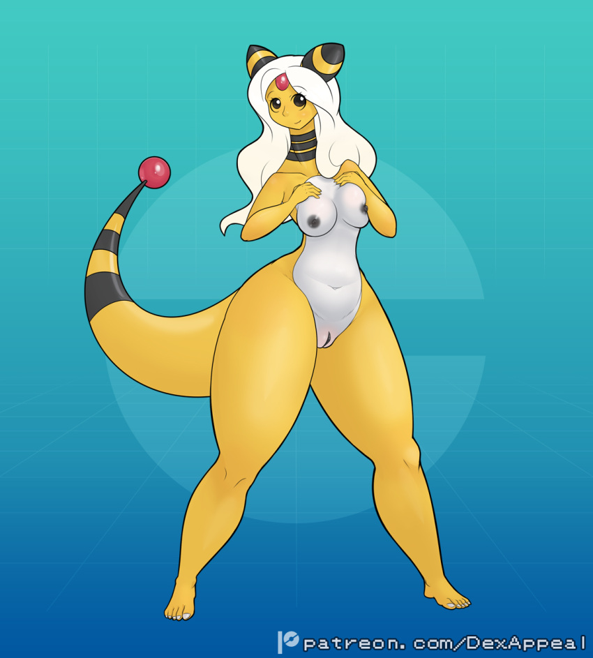 ampharos animal_ears barefoot black_nipples dex_appeal female full_body kemonomimi long_neck monster_girl nintendo nipples nude nude_female pokemon pokemon_(species) pokemorph pussy standing tail white_hair wide_hips yellow_body yellow_skin