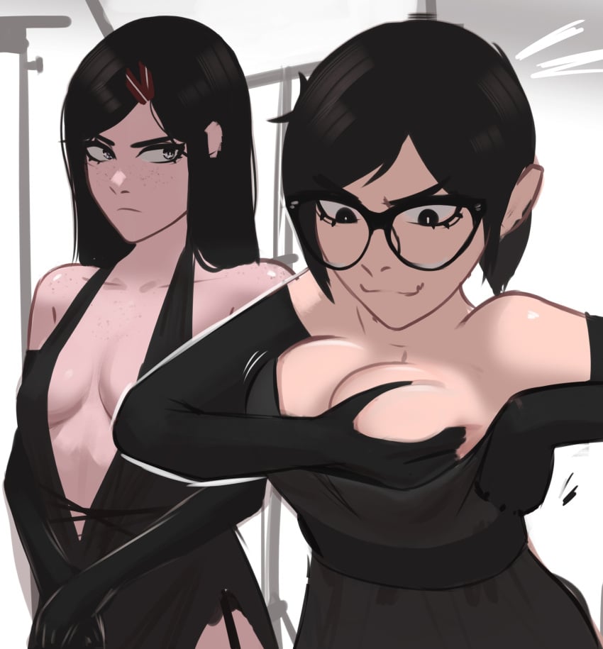 2girls :3 black_hair freckles front_view garter_straps glasses kadence_(veyonis) long_gloves original_characters plunging_neckline rosen_(veyonis) tagme veyonis