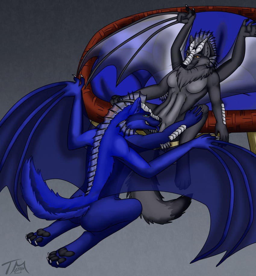 anthro bakari canine cunnilingus dragon duo female horn hybrid kneeling male mammal nude oral sex spread_legs spreading straight tongue tongue_out vaginal_penetration wings