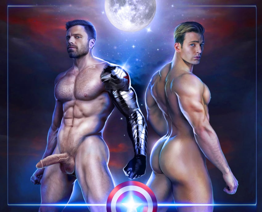 2boys bara barazoku beard bearded big_ass big_pecs blocky_body blonde_hair blue_eyes brown_hair bucky_barnes captain_america carlos_gzz celebrity chris_evans clean_shaven confident confidently_naked couple curvy_figure cybernetic_arm cybernetic_limb cybernetics defined_muscles digital_art digital_painting_(artwork) dramatic_lighting fat_butt galaxy gay gay_couple gray_eyes hairy hairy_chest hairy_forearms himbo large_ass looking_at_viewer looking_over_shoulder male male_only marvel marvel_cinematic_universe marvel_comics moon muscular muscular_back muscular_male muscular_thighs pink_lips presenting_ass presenting_penis sebastian_stan sideboob small_nipples smooth_skin space space_background steve_rogers thick_thighs veiny_penis winter_soldier