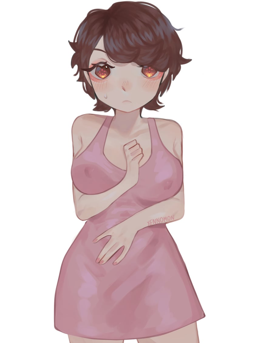 :( areolae_bulge artist_name boboiboy_(series) brown_eyes brown_hair dress huge_breasts pink_dress short_hair solo sweatdrop watermark xennomon yaya_(boboiboy)