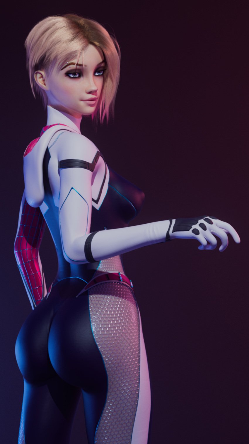 1girls 3d alternate_costume ass blonde_hair blue_eyes clothed_female eyebrow_piercing female female_only guiltyk gwen_stacy marvel short_hair spider-gwen spider-man:_into_the_spider-verse spider-man_(series)