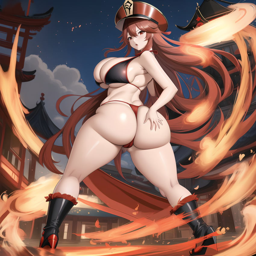 ai_generated bikini bluecatrip fit genshin_impact hand_on_butt hat high_heels hoyoverse hu_tao_(genshin_impact) jadf_(style) long_hair looking_at_viewer looking_back looking_back_at_viewer mihoyo open_mouth red_bikini red_eyes red_hair stable_diffusion swimsuit swimwear thong