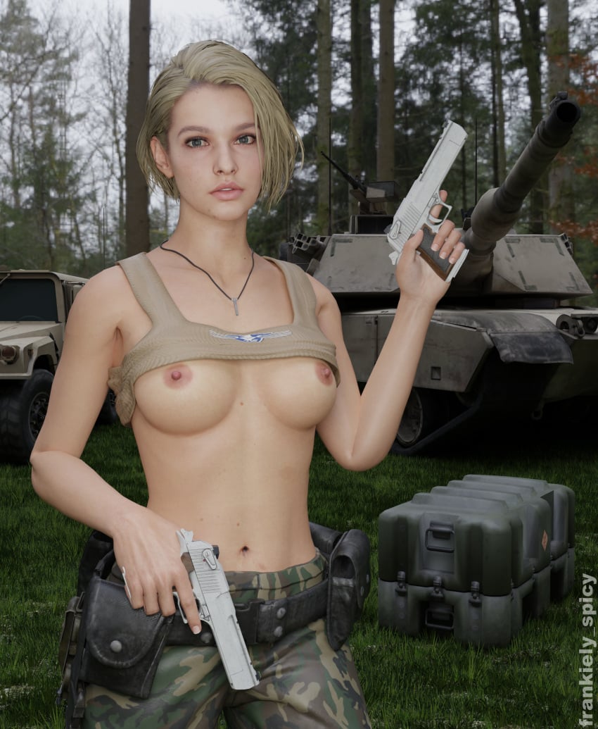 1girls 3d abrams_(tank) angry angry_expression angry_face belly belly_button blender blonde_female blonde_hair blonde_hair_female blue_eyes bob_cut bra bra_lift breasts breasts_out capcom clothing cosplay female female_focus female_only female_soldier firearm forest forest_background frankiely_spicy gun handgun human humvee jill_valentine jill_valentine_(blonde) jill_valentine_(sasha_zotova) looking_at_viewer military military_uniform military_vehicle navel necklace nipples outdoor outdoors outside pale-skinned_female pale_skin pants pistol red_alert_(video_games) red_alert_3 resident_evil resident_evil_3 resident_evil_3_remake shirt shirt_lift shirt_up short_hair soldier solo solo_female solo_focus sports_bra sports_bra_lift stare staring staring_at_viewer tank tanya_(red_alert) tanya_adams tease teasing teasing_viewer weapon