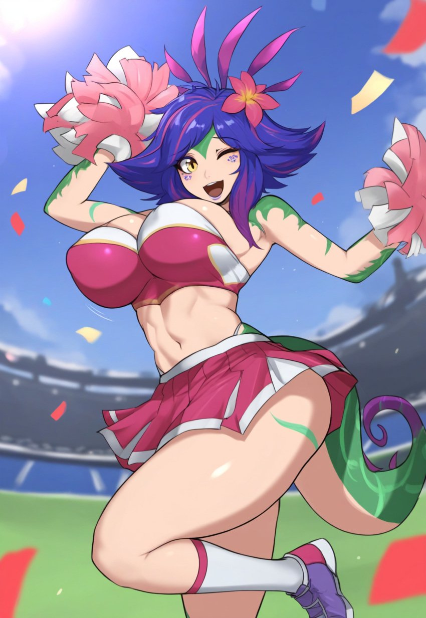 1girls ai_generated alternate_costume arms_up blue_hair body_markings breasts cheering cheerleader cheerleader_uniform confetti curvy field flower_in_hair large_breasts league_of_legends leg_up lizard_girl lizard_tail midriff nai_diffusion navel neeko one_eye_closed open_mouth outdoors pom_poms reptile_tail riot_games shoes skirt sky smile socks solo stable_diffusion stadium thick_thighs thighs tubetop underbust wink yellow_eyes