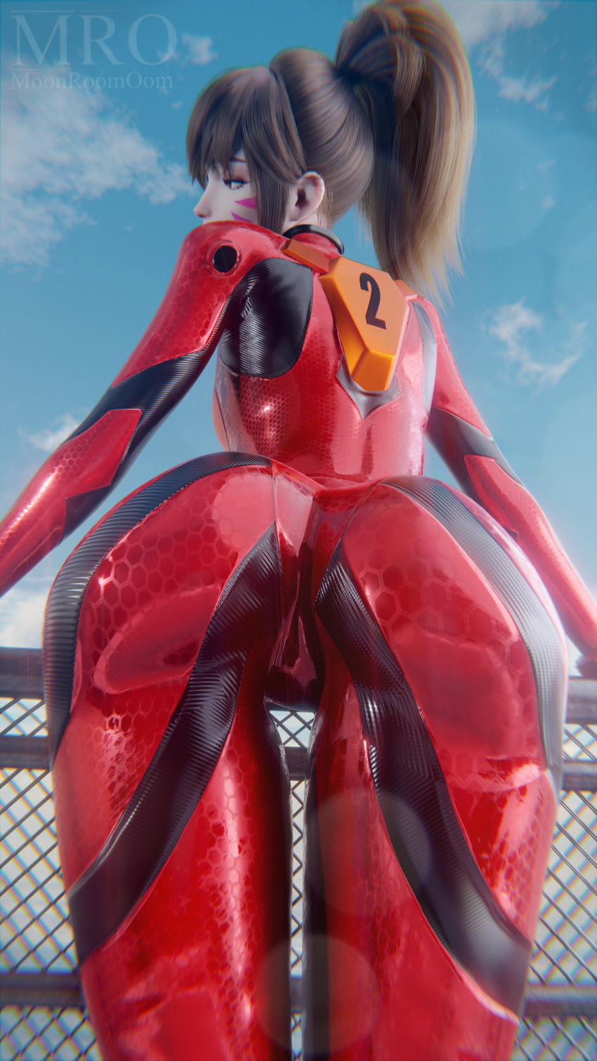 3d 3d_(artwork) ass asuka_langley_sohryu_(cosplay) big_ass blizzard_entertainment brown_hair cosplay d.va latex moonroomoom neon_genesis_evangelion neopn_genesis_evangelion overwatch overwatch_2 skin_tight tight_clothing