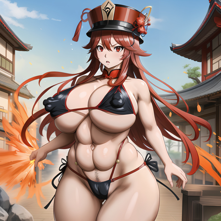 abs ai_generated angry angry_expression angry_face areolae belly big_ass big_breasts bikini black_bikini black_thong bluecatrip chubby fit fit_female flower flower_in_hair flower_in_hat flowers genshin_impact gigantic_breasts hat hoyoverse hu_tao_(genshin_impact) huge_ass huge_breasts kunaboto_(style) long_hair looking_at_viewer mihoyo nipple_bulge nipples puffy_nipples red_eyes red_hair red_hat ribbon ribbons stable_diffusion swimsuit swimwear thick_thighs thong