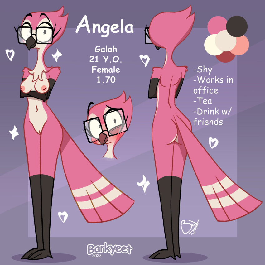 angela_(barkyeet) avian barkyeet beak bird breasts eyewear feathers genitals glasses hi_res model_sheet pink_body pink_feathers pussy standing tagme