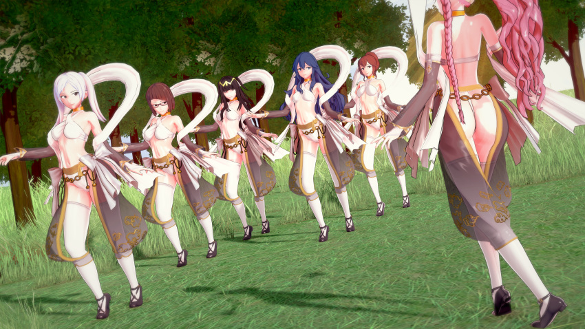 3d 6+girls 6girls alternate_costume anna_(fire_emblem) armpits ass asymmetrical_bangs back bangs bare_back bare_midriff bare_shoulders bare_thighs big_ass black_eyes black_hair blue_hair bra braid breasts brown_hair cosplay dancer dancing dume female female_only fire_emblem fire_emblem_awakening long_hair lucina_(fire_emblem) medium_breasts medium_hair midriff miriel_(fire_emblem) multiple_girls navel nintendo olivia_(fire_emblem) olivia_(fire_emblem)_(cosplay) outdoors panties pink_hair ponytail pose red_eyes red_hair robin_(fire_emblem) robin_(fire_emblem)_(female) see-through short_hair shoulders small_breasts socks_and_shoes tharja_(fire_emblem) thighhighs thighs tiptoes training tree twintails veil very_long_hair white_bra white_hair white_panties