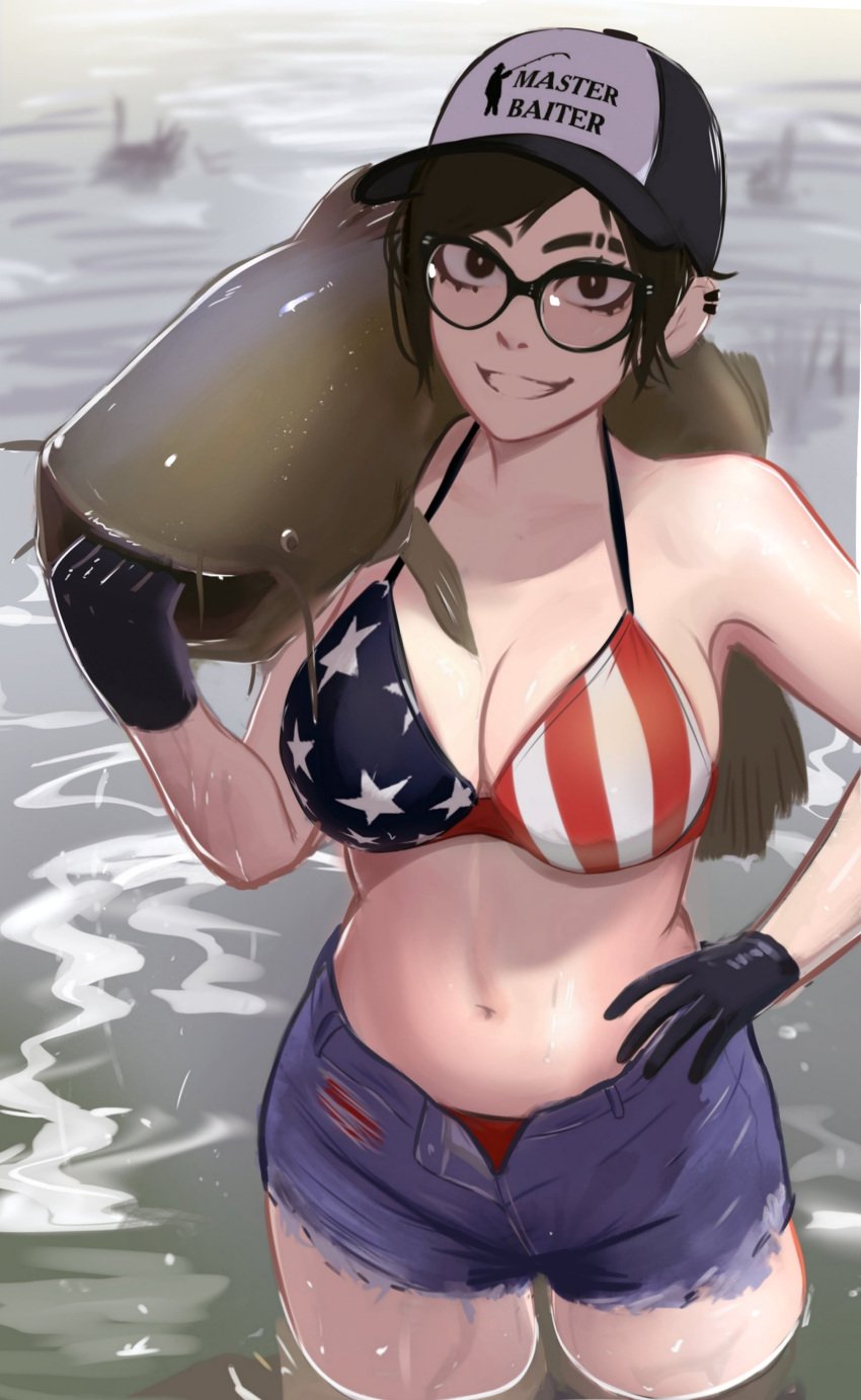 1girls 2023 american_flag american_flag_bikini belly_button big_breasts bikini bikini_top breasts brown_eyes brown_hair busty catfish cleavage clothed clothed_female clothing denim denim_shorts ear_piercing eyewear female fish front_view fully_clothed glasses gloves grin hair hand_on_hip handwear happy hat headwear hi_res holding_fish human in_water jean_shorts jeans large_breasts light-skinned_female light_skin looking_at_viewer medium_hair navel original original_character piercing pose posing rosen_(veyonis) shorts smile smiling smiling_at_viewer solo standing standing_in_water stomach swimsuit thighs veyonis