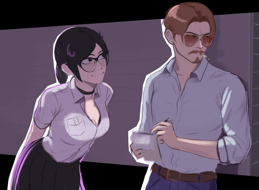 1boy 1boy1girl 1girls black_hair button_down_shirt choker cleavage glasses moustache oc original_character rosen_(veyonis) sunglasses tagme veyonis