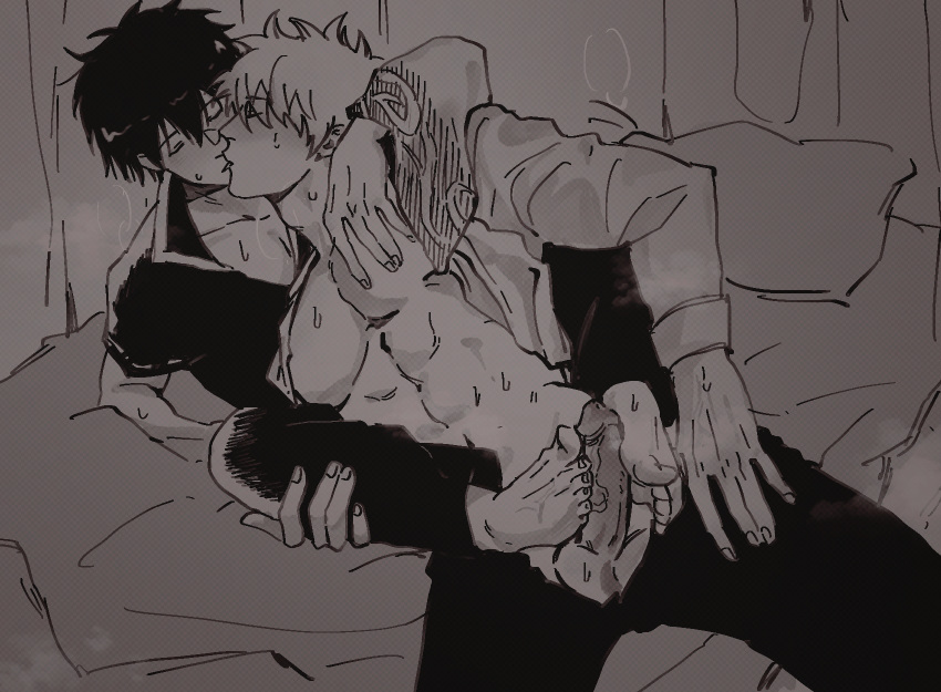 2boys clothed costume_switch erection fall_into_disgrace feet footjob gay gintama gintoki_sakata hijikata_toshiro kissing male male_only monochrome muscular muscular_male ope open_pants open_shirt outfit_swap penis sweat uncensored veiny_penis wearing_others_clothes yaoi