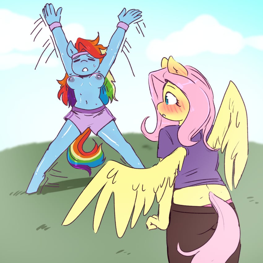 absurd_res anthro anthrofied big_breasts blush bodily_fluids breasts clothed clothing currentlytr_ash equid equine female fluttershy_(mlp) friendship_is_magic hasbro hi_res mammal my_little_pony nipples outside pegasus pink_hair rainbow_dash_(mlp) rainbow_hair sweat topless wings