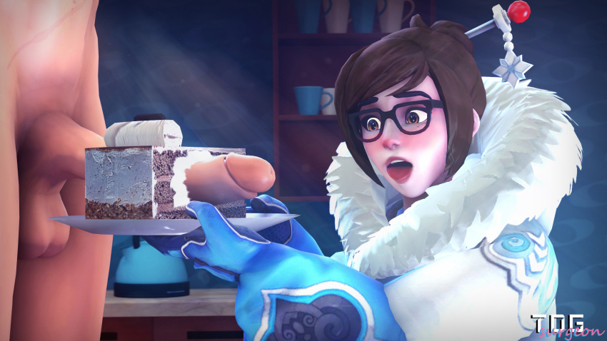 1boy 1girls 3d big_penis cake chubby duo erection eyewear female food glasses male mei_(overwatch) overwatch straight testicles thedickgrillsurgeon