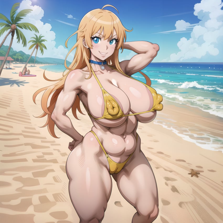 abs ai_generated beach belly_button big_breasts bikini blonde_hair blue_eyes bluecatrip blush blushing_at_viewer choker hand_behind_head huge_breasts kunaboto_(style) long_hair looking_at_viewer muscular_female nipple_bikini palm_tree puffy_nipples sand sea seaside seductive seductive_look seductive_smile smile smiling smirk stable_diffusion string_bikini swimsuit thick_thighs thong untied_hair yellow_bikini yellow_swimsuit