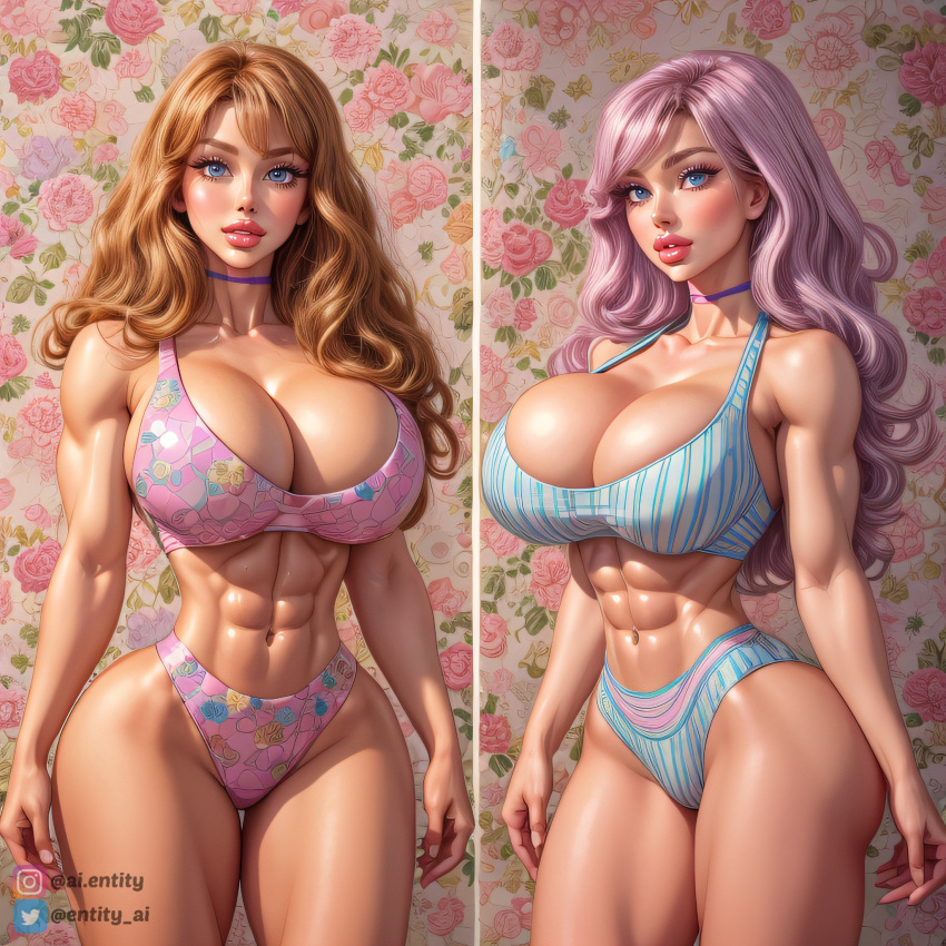 2girls ai_generated big_breasts big_eyes big_lips blue_eyes busty entity_ai female_only hourglass_figure huge_breasts long_hair purple_hair solo solo_female thick_lips toned_stomach