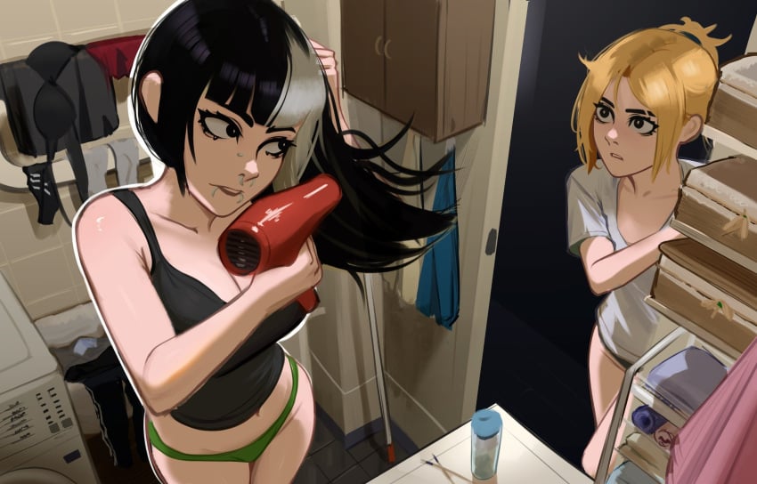 2girls bangs bathroom belly_button black_eyes black_hair blonde_hair breasts cleavage clothed clothed_female clothing duo eye_contact facial_piercing female female_only goth goth_girl hair hair_dryer hi_res jessie_(veyonis) light-skinned_female light_skin lip_piercing long_hair medium_breasts midriff mika_(veyonis) multicolored_hair multiple_girls navel nose_piercing original original_character panties piercing ponytail septum_piercing shirt standing stomach tank_top thighs two_tone_hair underwear veyonis white_hair