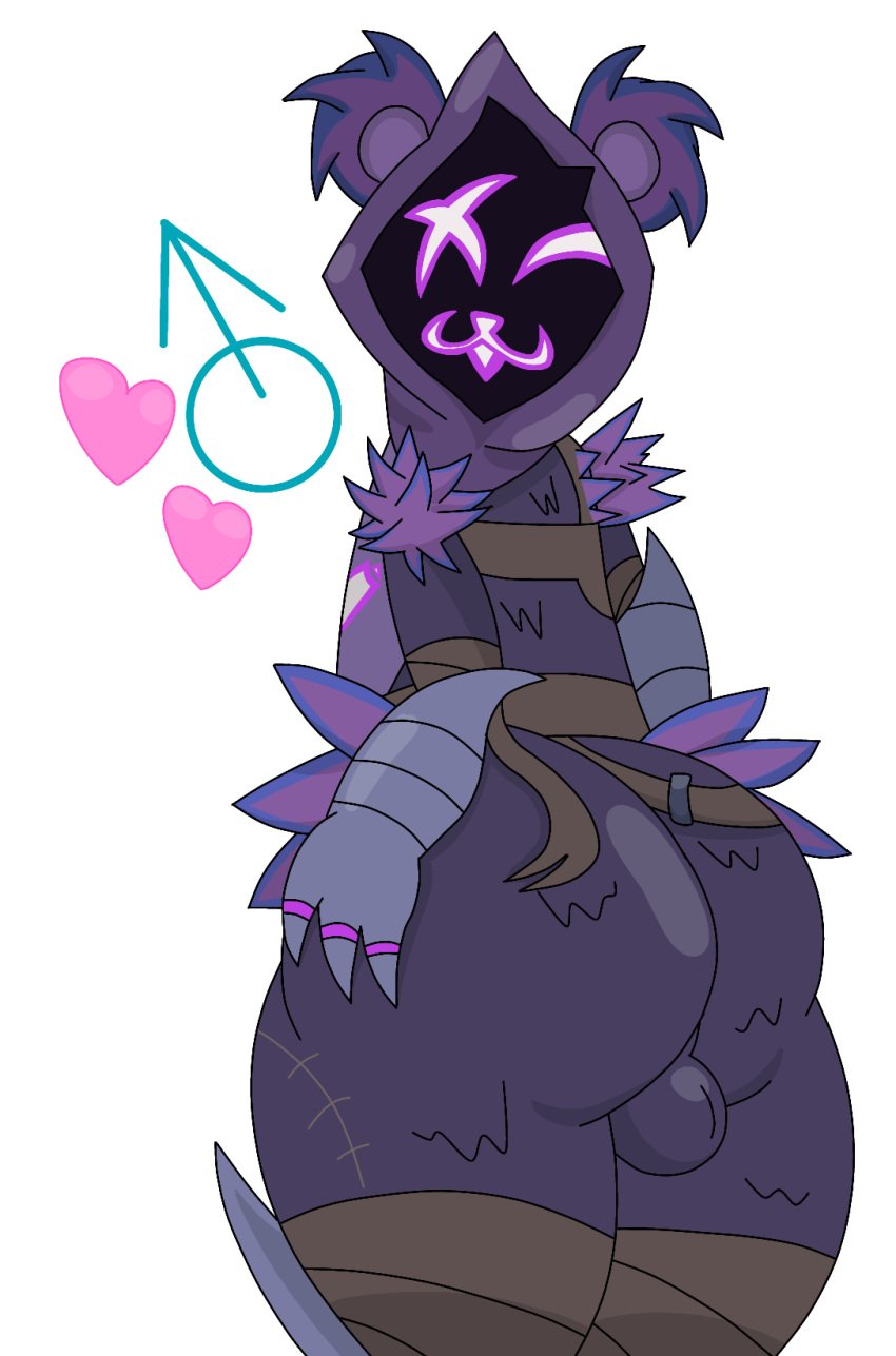 2024 ballsack bear belt blue_clothing blue_fur brown_clothing epic_games femboy fortnite genderswap_(ftm) happy_face heart heart_marking hidden_face hood huge_butt humanoid kaithedumbass02 male_symbol metal_arm purple_clothing purple_fur raven_team_leader rule_63 scars self_upload shaded smug_face thick_thighs