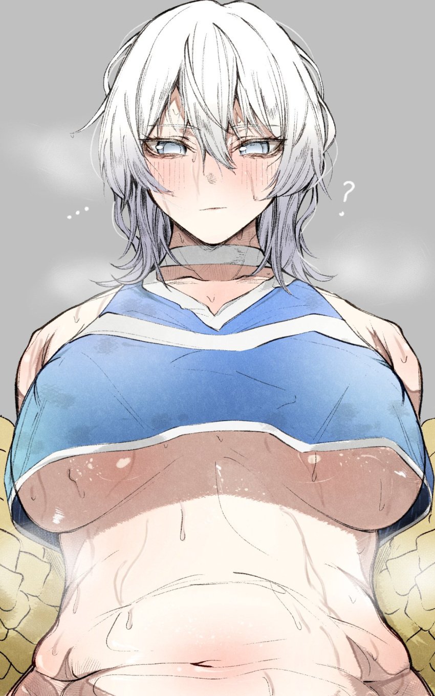 ... 1girls ? big_breasts blush cheerleader choker chubby faust_(limbus_company) limbus_company looking_at_viewer looking_down nb8c partially_clothed presenting project_moon short_hair solo solo_female standing sweat underboob white_eyes white_hair