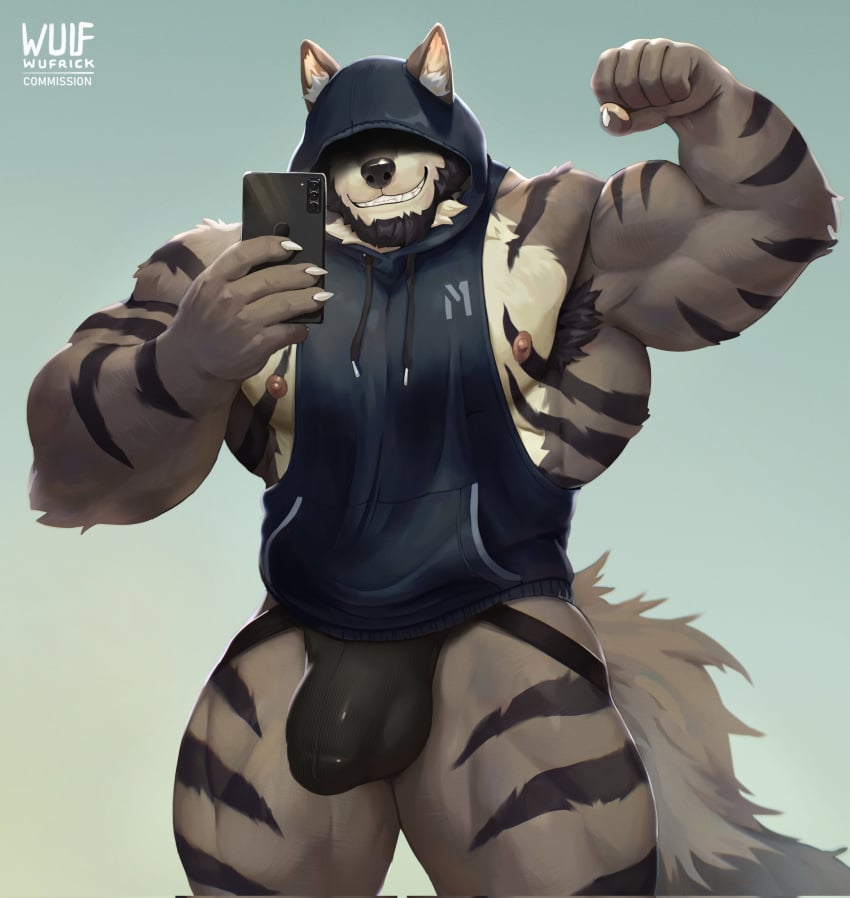 2025 5_fingers anthro armpit_hair artist_logo bara barazoku black_clothing black_facial_hair black_hair black_jockstrap black_stripes black_underwear blue_clothing blue_eyes blue_hoodie blue_topwear body_hair bulge canid canine canis cellphone claws clothing detailed_bulge electronics facial_hair finger_claws fingers flexing flexing_bicep fur furgonomic_headwear furgonomic_hood furgonomics grey_body grey_fur hair holding_cellphone holding_object holding_phone holding_smartphone hood_up hoodie inner_ear_fluff jockstrap logo magunm male mammal multicolored_body multicolored_fur muscular muscular_thighs nipples pecs phone serratus sleeveless_hoodie smartphone smile solo standing striped_body striped_fur stripes tail taking_picture taking_selfie topwear tuft underwear white_body white_fur white_inner_ear_fluff wolf wufrick