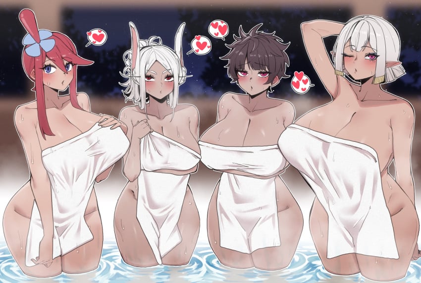 4girls 7a_(se7ena) ;o animal_ears arm_behind_head arm_under_breasts arms_under_breasts black_hair blue_eyeliner blue_eyes blush boku_no_hero_academia breasts cleavage collarbone covering_privates crossed_arms crossover curvy dark-skinned_female dark_skin eye_of_horus eyeliner female_focus furrowed_brow hair_between_eyes hair_ornament hand_on_own_chest hathor_(last_origin) heart highres huge_breasts last_origin long_eyelashes long_hair looking_at_viewer makeup melt_(last_origin) mirko miruko multiple_girls my_hero_academia naked_towel night nintendo no_horns nude_cover one_eye_closed one_side_up onsen parted_bangs parted_lips pink_eyes pointy_ears pokemon pokemon_bw ponytail rabbit_ears rabbit_girl red_eyes red_hair short_hair skyla_(pokemon) spoken_heart steam thick_thighs thighs towel trait_connection wading water wet white_hair wide_hips