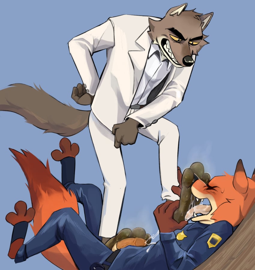 3_toes anthro blue_background bodily_fluids body_worship bottomwear brown_body brown_fur canid canine canis closed_eyes clothing cum dirty dirty_feet disney dominant dominant_anthro dominant_male dreamworks duo ejaculation fangs feet foot_fetish foot_on_face foot_on_penis foot_play foot_sniffing fox fur genital_fluids genitals grin hi_res humanoid_genitalia humanoid_penis male male/male mammal mr._wolf_(the_bad_guys) musk_worship musky_feet nick_wilde open_mouth orange_body orange_fur pants penis police police_uniform red_body red_fur shirt simple_background smelly smelly_feet smile sniffing standing stink_fumes submissive submissive_anthro submissive_male suit_jacket sweat sweaty_feet taro_anderson teeth the_bad_guys toes tongue tongue_out topwear uniform wolf zootopia