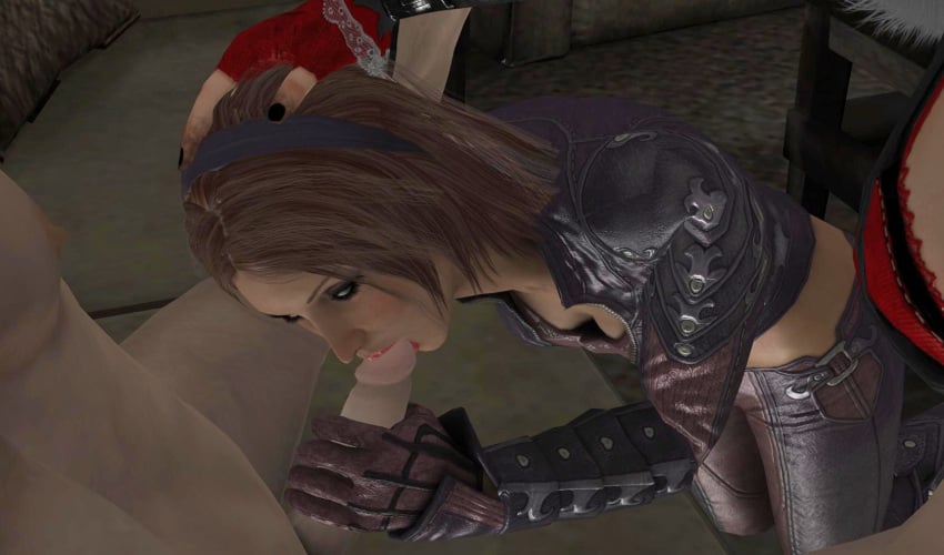 assassin black_hair black_leather_corset brown_hair clown_girl forced_blowjob grabbing_boob harley_quinn_(arkham_city) headband holding_head_down leather_choker leather_jacket one_guy pigtails talia_al_ghul_(arkham_city) twintails two_girls