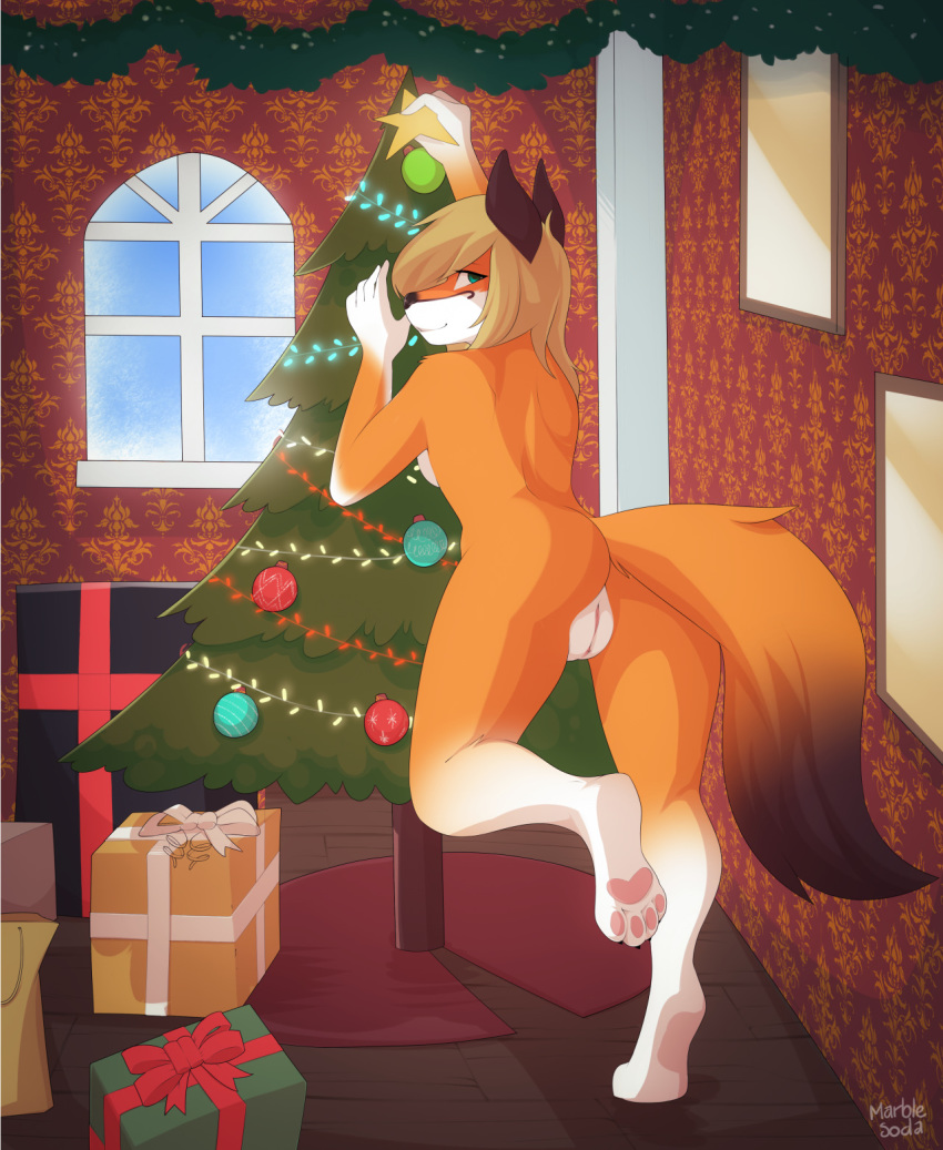 2016 anthro ass canine christmas christmas_present christmas_tree derpah female fox green_eyes holidays mammal marblesoda nude original_character pussy smile solo tree window