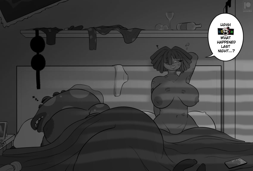 after_sex alcohol animal_humanoid animate_inanimate anthro bed bed_sheet bedding bedroom beverage big_breasts bottle bra breasts button_(fastener) button_eyes cellphone closed_eyes clothing container cup device discarded_clothing discarded_underwear doll drinking_glass duo electronics english_text female female/female furniture gastropod gastropod_humanoid glass glass_container glass_cup glitch_productions gloink gloink_queen hair hi_res humanoid hungover kiss_mark kiss_mark_on_belly kiss_mark_on_chest kiss_mark_on_face leponsart lipstick living_doll living_toy makeup mollusk mollusk_humanoid monochrome monster morning_after multi_eye nightstand nipples nude open_mouth phone pillow polka_dots ragatha_(tadc) sex_toy sleeping slug slug_humanoid sound_effects teeth text the_amazing_digital_circus under_blanket underwear vowelless vowelless_sound_effect wine wine_glass yarn zzz
