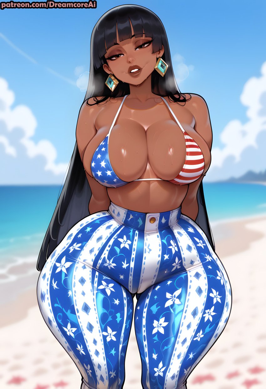 ai_generated bangs beach beach_background bikini_top black_hair brown-skinned_female brown_skin cameltoe chel curvaceous curvy curvy_female curvy_figure dark-skinned_female dark_skin dreamcoreart earrings female female_focus female_only flag_bikini flag_print flare_pants long_hair native no_sex non-nude patreon_username posing seductive seductive_look seductive_smile sfw solo solo_female solo_focus straight_hair the_road_to_el_dorado thick_thighs voluptuous voluptuous_female wide_hips