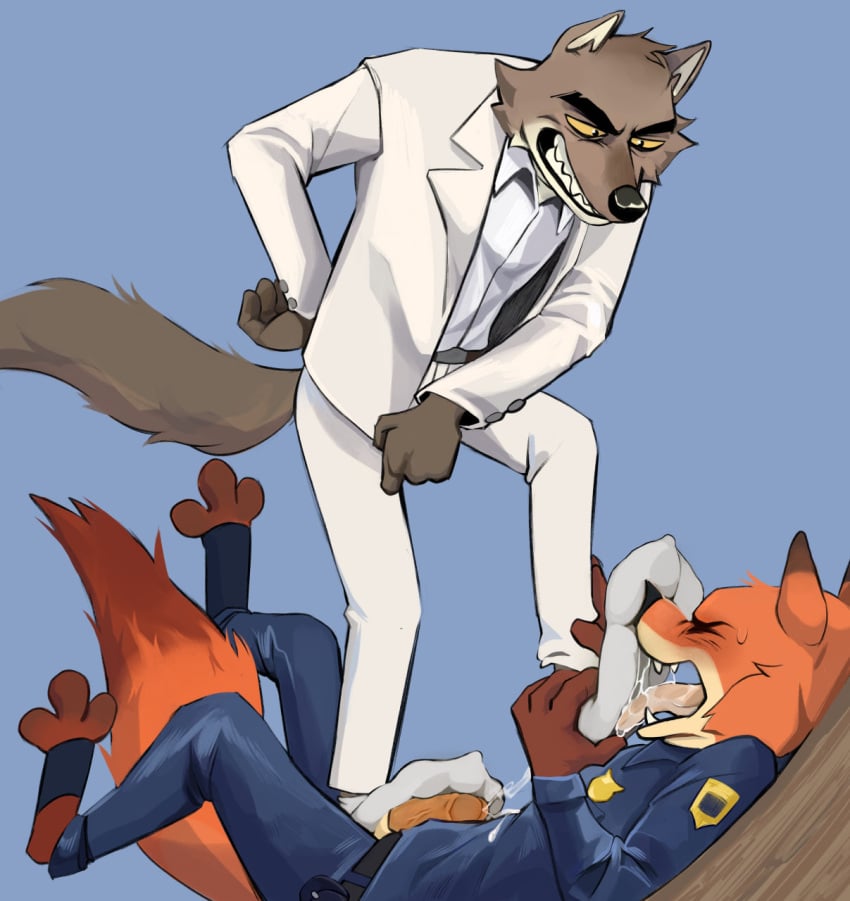 3_toes anthro blue_background bodily_fluids bottomwear brown_body brown_fur canid canine canis closed_eyes clothing cum disney dominant dominant_anthro dominant_male dreamworks duo ejaculation fangs feet foot_fetish foot_on_face foot_on_penis foot_play foot_sniffing footjob footwear fox fur genital_fluids genitals grin hi_res humanoid_genitalia humanoid_penis male male/male mammal mr._wolf_(the_bad_guys) nick_wilde open_mouth orange_body orange_fur pants penis police police_uniform red_body red_fur sex shirt simple_background smile sniffing sniffing_sock sock_fetish sockjob socks standing submissive submissive_anthro submissive_male suit_jacket taro_anderson teeth the_bad_guys toes tongue tongue_out topwear uniform wolf zootopia