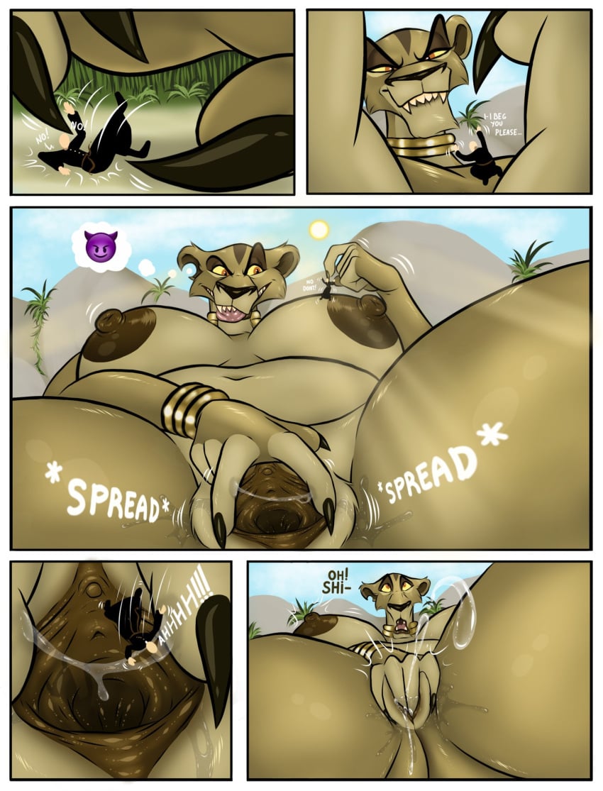 ambiguous_gender anthro big_breasts bodily_fluids bracelet breasts bredlaybagordh brown_nipples brown_pussy clothed clothing comic disney dominant dominant_anthro dominant_female fangs felid female fingernails genital_fluids genitals gold_(metal) gold_bracelet gold_jewelry hi_res huge_breasts huge_thighs jewelry larger_female lion looking_pleasured macro male male/female mammal masturbation mature_anthro mature_female nails nipples nude pantherine pussy sharp_fingernails sharp_nails size_difference smaller_ambiguous smirking_at_partner teeth the_lion_king thick_thighs unbirthing vaginal_fluids vaginal_masturbation vaginal_penetration vore zira_(the_lion_king)