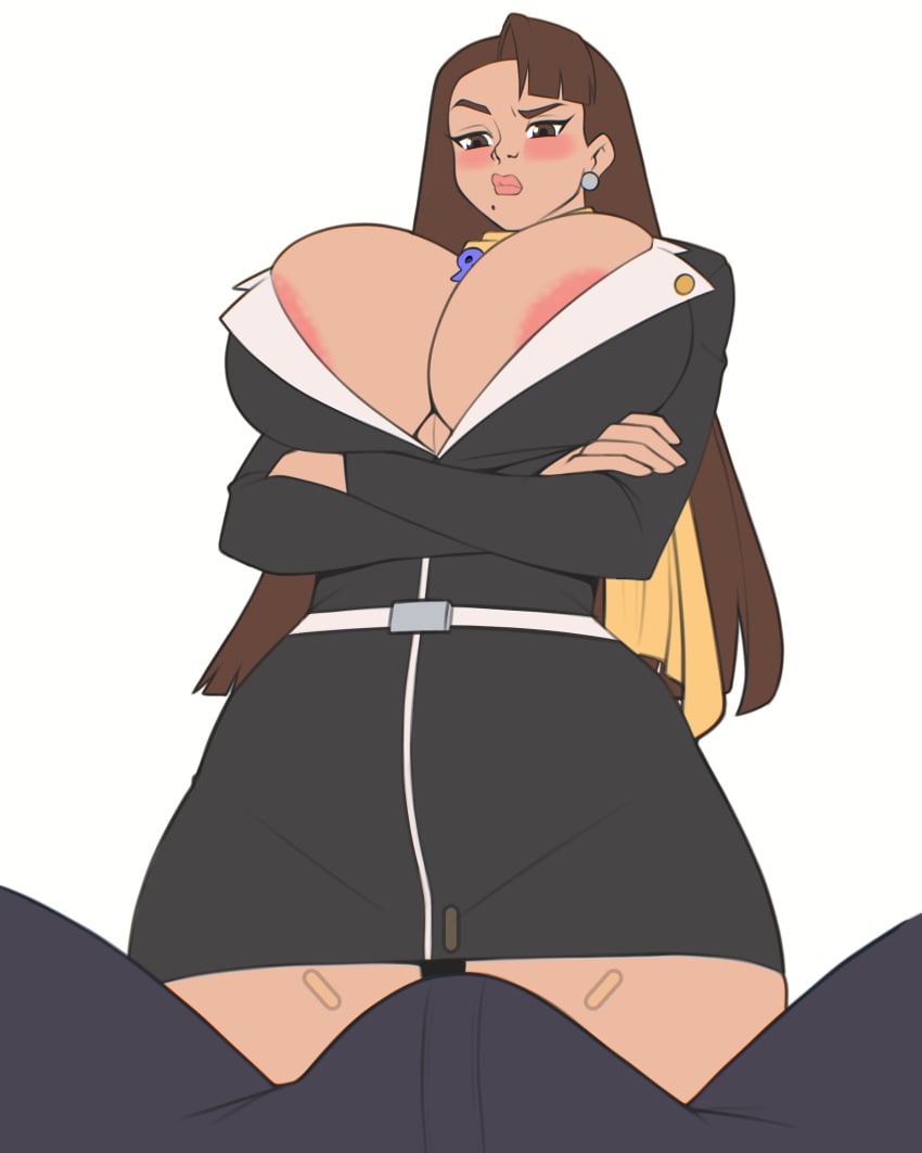 1boy 1girl 1girls absurd_res absurdres aerolae areola areolae_peeking areolae_slip arms_crossed arms_folded arms_framing_breasts arms_under_breasts attorney beauty_mark big_breasts blush blushing_at_viewer blushing_female breasts brown_eyes brown_hair bulge bulge_under_clothes business_suit capcom cleavage cleavage_overflow ear_piercing earring earrings erection erection_under_clothes faceless_male female female_focus femdom femdom_pov flat_colors gyakuten_saiban hi_res high_resolution highres jakuson_z large_breasts lawyer long_hair magatama magatama_necklace male mia_fey no_background offscreen_male pov raised_eyebrow scarf tagme tenting waist_length_hair white_background