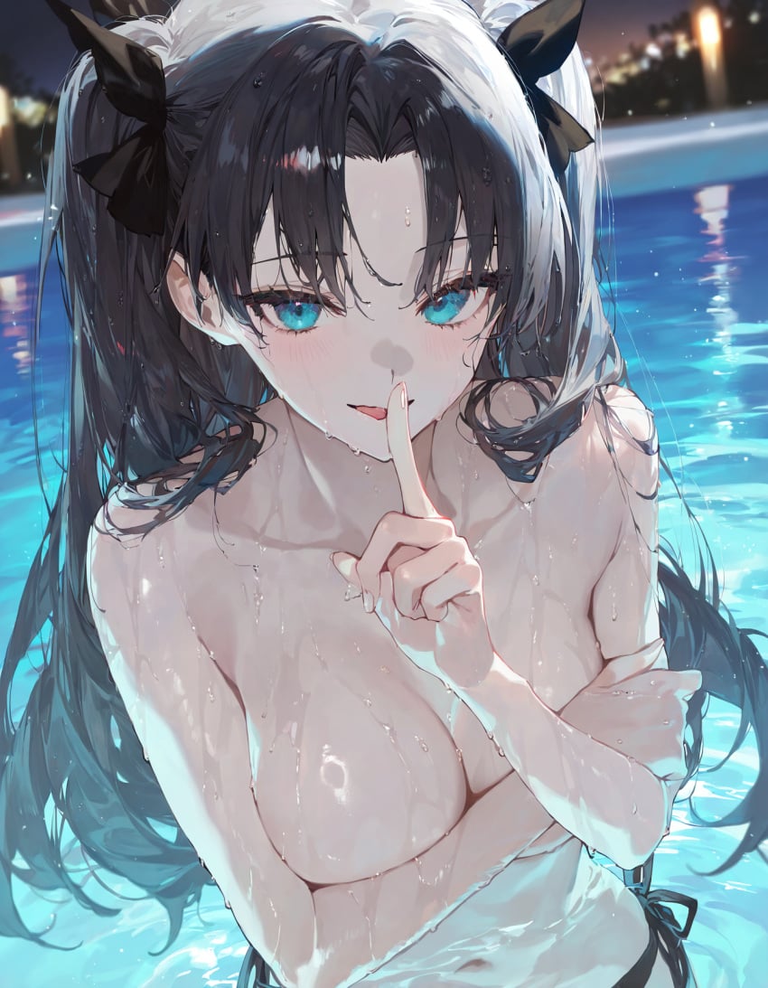 ai_generated bellmod3 bikini_bottom black_hair bottomwear_only covering_breasts fate/stay_night fate_(series) finger_to_mouth hair_ribbon medium_breasts mostly_nude partially_submerged pool swimsuit tohsaka_rin topless wet wet_body wet_skin