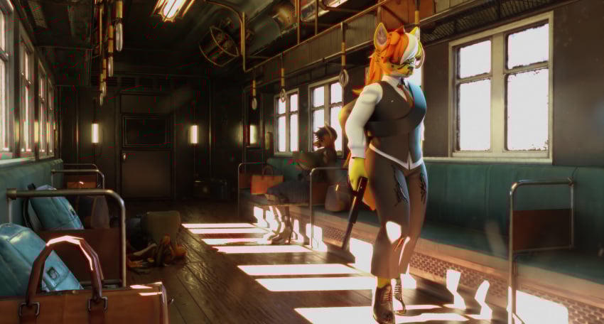 3d_(artwork) absurd_res anthro blender_cycles blood blood_on_face bodily_fluids canid canine canis clothing corpse digital_media_(artwork) female gun handgun haolde haolde_(character) hi_res mammal ranged_weapon silencer suit train vehicle weapon wolf