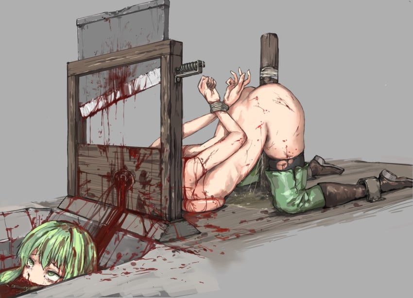 1girls blood bondage crying decapitation despair female green_eyes green_hair guillotine guro high_elf_archer_(goblin_slayer) light_skin nude peeing snuff solo tied_hands