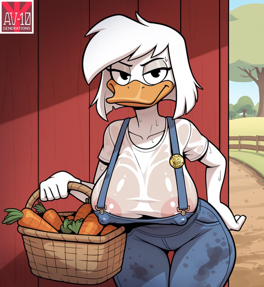 ai_generated anatid anseriform anthro av-10 avian basket beak big_breasts bird bodily_fluids breasts clothed clothing container della_duck detailed_background disney duck farm female hair hi_res huge_breasts looking_at_viewer mature_female nipple_outline overalls solo sweat thick_thighs thigh_gap translucent translucent_clothing wet wet_clothing white_hair