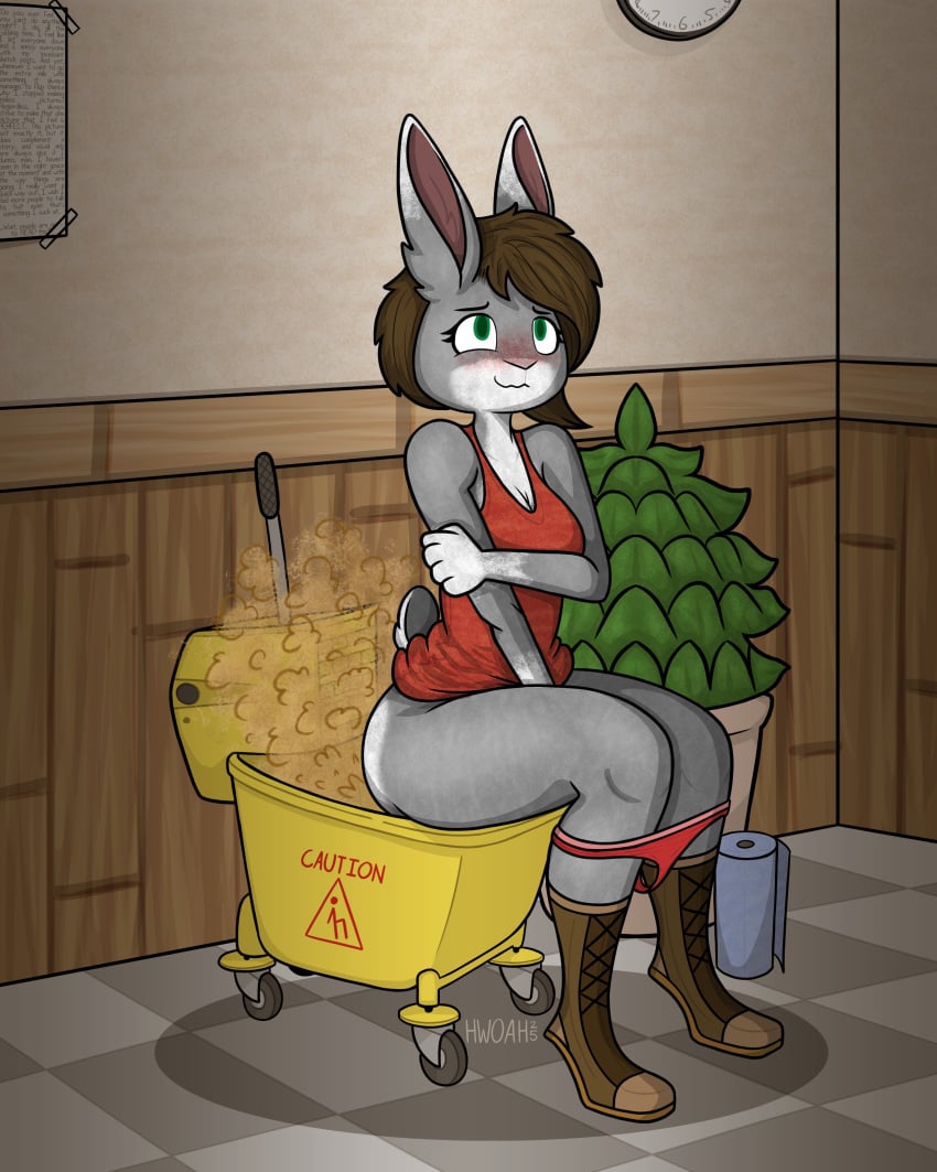 blush brown_hair container_fart fart fart_cloud fart_fetish farting farts furry green_eyes grey_fur hare_humanoid hare_without_a_hat improvised_toilet mop mop_bucket mop_cart oc original original_character panties_down rabbit relief