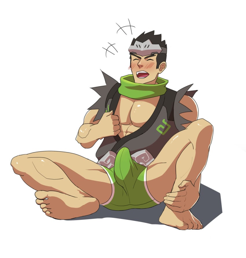 1boy barefoot blizzard_entertainment bulge closed_eyes crotch erection_under_clothes genji male_only overwatch smile solo sparrow_genji torn_clothes underwear