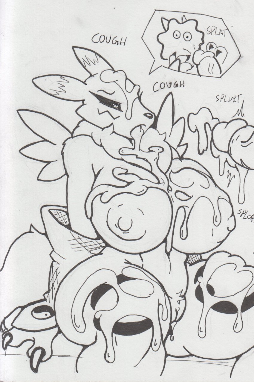 2024 bandai_namco black_eyes bluebambo breasts coughing cum cum_in_mouth cum_on_body cum_on_breasts cum_on_face cum_on_thighs cumshot digimon digimon_(species) female female_focus furry male nipples penis pussy renamon sketch thick_thighs thighs