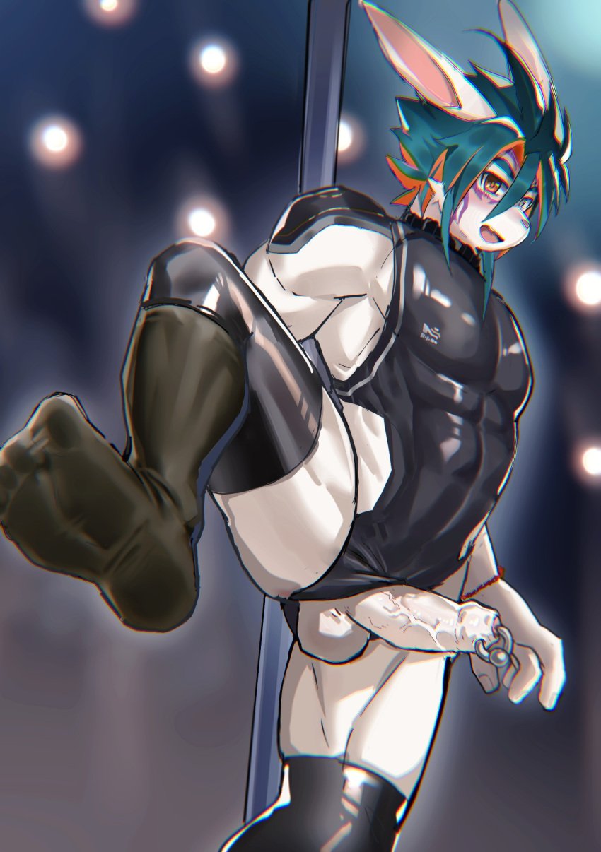 1boy abs animal_ears bara bblacksheep02 black_socks erection furry furry_male heterochromia highres male_focus multicolored_hair muscular muscular_male open_mouth pectorals penis penis_piercing piercing pole pole_dancing rabbit_boy rabbit_ears smile socks stripper_pole testicles tokyo_afterschool_summoners tu'er_shen_(housamo)