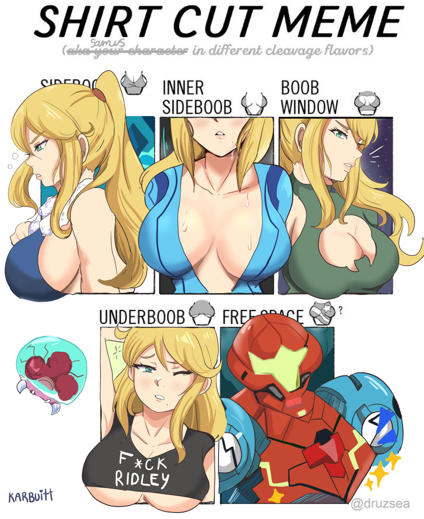 1girls big_breasts blonde_hair boob_window inner_sideboob karbuitt long_hair metroid ponytail red_hair_tie samus_aran shirt_cut_meme sideboob tied_hair underboob v-cut zero_suit zero_suit_samus