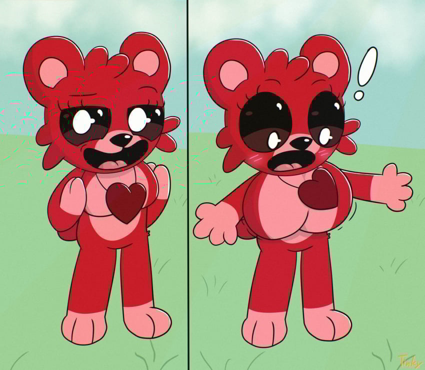 anthro bear big_breasts blush blush_lines bobby_bearhug breast_expansion breasts exclamation_point expansion female fluffy fluffy_chest fur heart_symbol hi_res jewelry mammal mob_entertainment motion_lines necklace open_mouth outside paws poppy_playtime red_body red_fur shocked smile smiling_critters solo tail tinky tongue