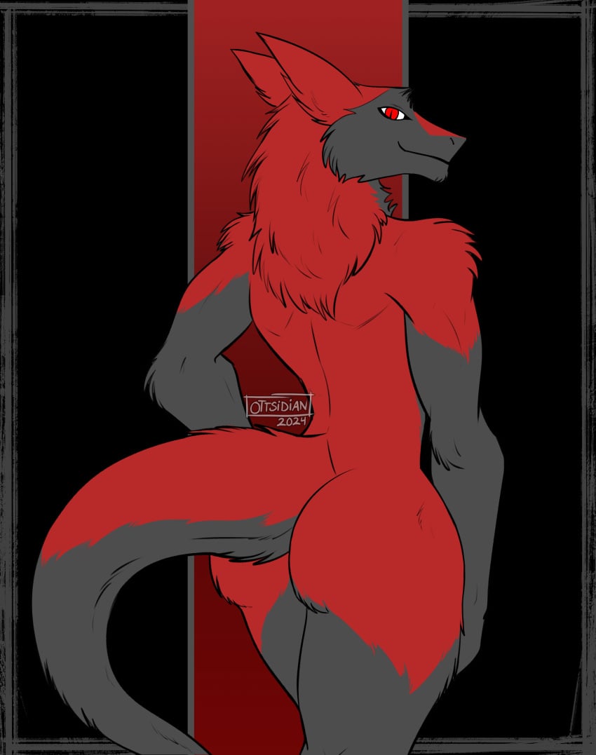 anthro ass bukmar fur hi_res looking_at_viewer mak_aholic male mammal nude red_body red_eyes red_fur sergal solo tail