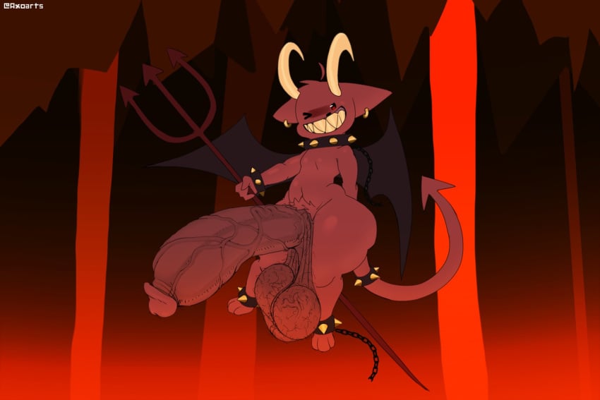 2025 2_horns anklet anthro artist_name axo_(axoarts) axoarts balls big_balls big_penis black_anklet black_bracelet black_collar black_wings body_hair bracelet cat_demon chains collar demon digital_media_(artwork) domestic_cat felid feline felis flying fur genitals hair hairy_balls hell hi_res holding_melee_weapon holding_object holding_pitchfork holding_tool holding_weapon horn huge_balls huge_cock hyper hyper_balls hyper_genitalia hyper_penis jewelry lava legband male mammal melee_weapon membrane_(anatomy) membranous_wings one_eye_closed penis pitchfork red_body red_ears red_eyes red_fur red_hair red_tail rock sharp_teeth smile solo spade_tail spiked_anklet spiked_bracelet spiked_collar spiked_legband spikes tail tan_horn teeth text three-quarter_view tools vein veiny_balls veiny_penis weapon wings
