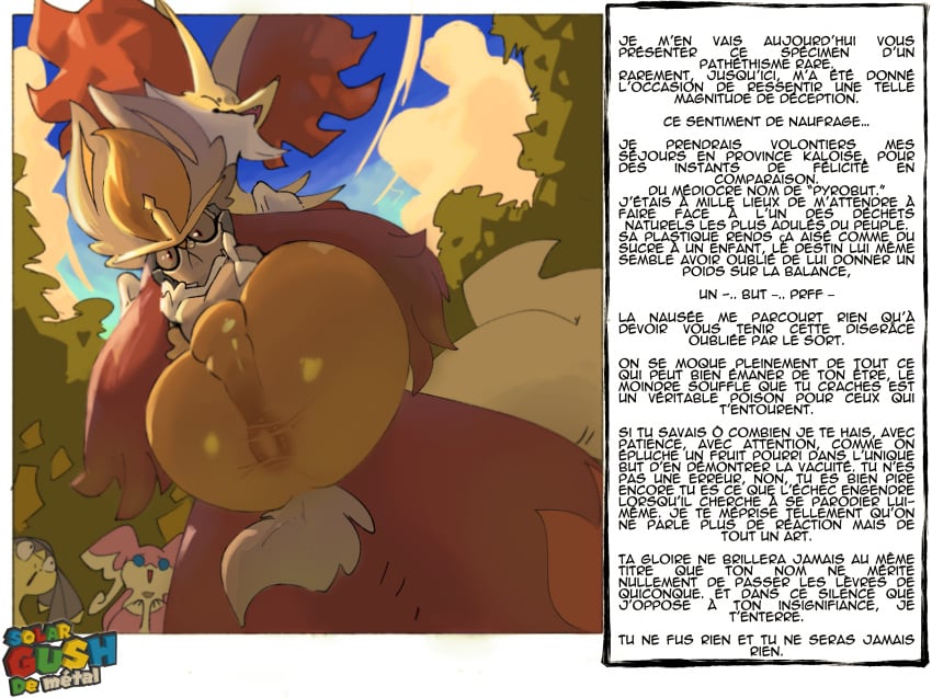 audino cinderace delphox duo full_nelson generation_5_pokemon generation_6_pokemon generation_8_pokemon helioptile hi_res humiliation male male/male nintendo pokemon pokemon_(species) solar_gush