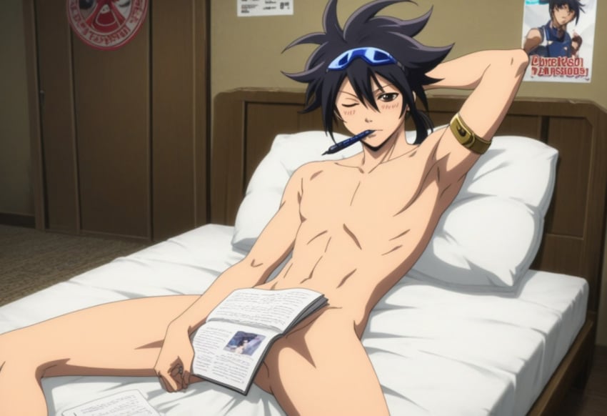 ai ai_art ai_assisted ai_generated armpit bed biting biting_pen convenient_censoring convenient_censorship covering_crotch daimon_kaito gay kaito_daimon laying_on_bed male male_focus male_only notebook object_censor one_hand_behind_head phi_brain_puzzle_of_god solo_male wink
